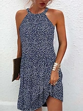 abordables Robes Floraux Imprimés-Femme Robe d&#039;été Robe à col licou Robe imprimée Actif Mode Vêtement de rue Extérieur Vacances du quotidien Standard Cachemire Sans Manches Dos nu Jaune Bleu Roi Bleu Bleu de minuit Eté Printemps