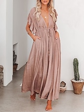 abordables Robes décontractées blanches-robe soirée Robe casual Robe Évasée Femme robe longue Couleur monochrome Mode Décontractées Extérieur du quotidien Vacances A Volants Dos Nu Manche Courte Col V Robe Ample Vert militaire Blanche Rouge