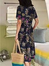 abordables robes imprimées en coton et lin-Femmes Jaune bleu marine Violet Été Printemps Robe Midi Robes en coton et lin Robe Décontractée Robe d&#039;été en coton Basique Occasionnel Extérieur Vacances Quotidien Coupe Ample Fleuri Fleur Col en V