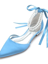 billige Brudepike-Dame bryllup sko Valentines gaver Fest / aften Bryllupsleiligheter Brudesko Brudepike sko Sløyfe Imitasjonsperle Flat hæl Spisstå Klassisk Søt Sateng Snøring Vin Grønn Og Blå Svart