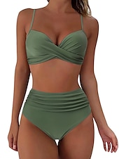 billiga Bikiniset-Dam Badkläder Bikini Shorts Baddräkt 2 st Hög midja Standkläder Grundläggande Slät Ärmlös Baddräkter