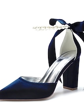 economico Damigella d&amp;#39;onore-Scarpe da sposa con tacco a blocco, cinturino alla caviglia, punta a punta, da damigella d'onore in raso avorio con fiocco e cinturino alla caviglia