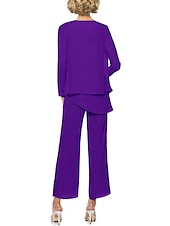 cheap Mom&#039;s Pant Suits-Jumpsuit / Pantsuit 3 Piece Mother of the Bride  Wedding Guest Elegant Vintage Scoop Neck Ankle Length Chiffon Long Sleeve Wrap  with Ruffles Solid Color free custom size