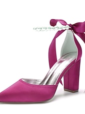 economico Damigella d&amp;#39;onore-Scarpe da sposa con tacco a blocco, cinturino alla caviglia, punta a punta, da damigella d'onore in raso avorio con fiocco e cinturino alla caviglia