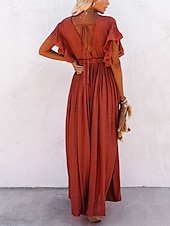 abordables Robes décontractées blanches-robe soirée Robe casual Robe Évasée Femme robe longue Couleur monochrome Mode Décontractées Extérieur du quotidien Vacances A Volants Dos Nu Manche Courte Col V Robe Ample Vert militaire Blanche Rouge
