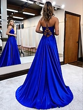 baratos Vestidos Baile Formatura-Vestidos de Formatura em A Vestido Império Convidada de Casamento Formal Cauda de Corte Sem Mangas Decote em V Cetim Costas Descobertas com Irmandade Aplicações 2025