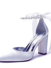 economico Damigella d&amp;#39;onore-Scarpe da sposa con tacco a blocco, cinturino alla caviglia, punta a punta, da damigella d'onore in raso avorio con fiocco e cinturino alla caviglia
