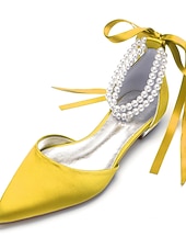 billige Brudepike-Dame bryllup sko Valentines gaver Fest / aften Bryllupsleiligheter Brudesko Brudepike sko Sløyfe Imitasjonsperle Flat hæl Spisstå Klassisk Søt Sateng Snøring Vin Grønn Og Blå Svart