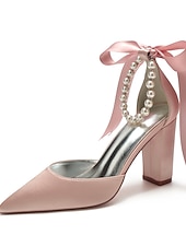 economico Damigella d&amp;#39;onore-Scarpe da sposa con tacco a blocco, cinturino alla caviglia, punta a punta, da damigella d'onore in raso avorio con fiocco e cinturino alla caviglia