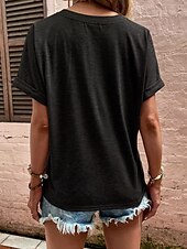 ieftine tricou simplu-Pentru femei Tricou Topuri imbracate Simplu De Bază Manșon scurt În V Topuri obișnuite Zilnic Sfârșit de săptămână Nasturi Negru Roz Îmbujorat Albastru piscină Trifoi Kaki