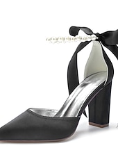 economico Damigella d&amp;#39;onore-Scarpe da sposa con tacco a blocco, cinturino alla caviglia, punta a punta, da damigella d'onore in raso avorio con fiocco e cinturino alla caviglia