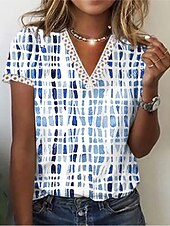 baratos Camiseta floral-Mulheres Camiseta Floral Geométrica Branco Rosa Azul Renda Imprimir Manga Curta Casual Diário Básico Decote V Normal