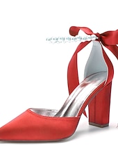 economico Damigella d&amp;#39;onore-Scarpe da sposa con tacco a blocco, cinturino alla caviglia, punta a punta, da damigella d'onore in raso avorio con fiocco e cinturino alla caviglia
