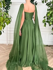 cheap GREEN-A-Line Evening Gown Elegant Dress Wedding Party Court Train Sleeveless V Neck Fall Wedding Guest Chiffon with Ruched