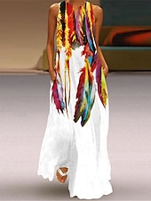ieftine Rochie Artă și Design-Rochie maxi pentru femei Rochie casual Rochie imprimată Casual Înafară Vacanță Holiday Ajustare regulară Pene Fără mâneci Gât în V Alb Albastru Albastru închis Bej Vară Primăvară