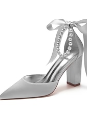 economico Damigella d&amp;#39;onore-Scarpe da sposa con tacco a blocco, cinturino alla caviglia, punta a punta, da damigella d'onore in raso avorio con fiocco e cinturino alla caviglia