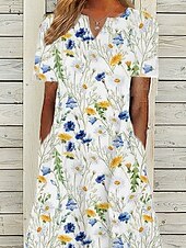 ieftine rochie florală-Rochie midi pentru femei Rochie casual Albă Mâneci scurte Floral Buzunar Primăvară Vară Decolteu în V Vacanță 2023 S M L XL XXL 3XL