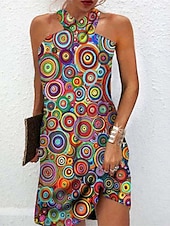 cheap Art&amp;Design Dress-Women&#039;s Mini Dress Petite Dress Shift Dress Summer Dress Print Dress Bohemia Vintage Fashion Vacation Casual Daily Loose Fit Graphic Geometric Sleeveless Halter Neck Wine Blue Summer Spring