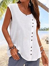 abordables Chemises-Débardeur camisole femme uni hawaïen basique sans manches col rond coton lin gilet décontracté week-end boutons noir blanc bleu vert