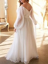 cheap Casual Wedding Dresses-Beach Casual Simple Wedding Dresses A-Line Off Shoulder Long Sleeve Floor Length Chiffon Bridal Gowns With Pleats Solid Color