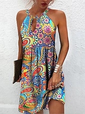 abordables Robes Floraux Imprimés-Femme Robe d&#039;été Robe à col licou Robe imprimée Actif Mode Vêtement de rue Extérieur Vacances du quotidien Standard Cachemire Sans Manches Dos nu Jaune Bleu Roi Bleu Bleu de minuit Eté Printemps