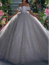 economico Abiti da sposa-Abiti da Sposa Formali per Fidanzamento Sparkle  Shine Abito da Ballo Spalle Scoperte Maniche a Cappuccio Strascico Cappella Abiti da Sposa Squinato con Colore Solido