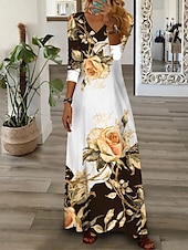 billige Blomsterkjole-Kjolen Maxi Casual Kjole Blomstertrykk V-Hals Maxi Lang Kjole Casual Daglig Ferie 3/4 Langt Erme Sommer Vår