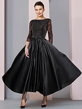 baratos Comprimento do chão-Vestido A-Line para Mãe da Noiva Convidada Formal Festa Elegante Decote Redondo Comprimento Chá Renda de Cetim Manga 3/4 com Cinto  Fita tamanho personalizado gratuito.
