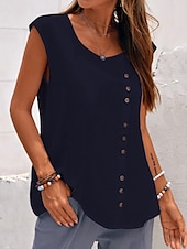 abordables Chemises-Débardeur camisole femme uni hawaïen basique sans manches col rond coton lin gilet décontracté week-end boutons noir blanc bleu vert