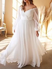 cheap Casual Wedding Dresses-Beach Casual Simple Wedding Dresses A-Line Off Shoulder Long Sleeve Floor Length Chiffon Bridal Gowns With Pleats Solid Color