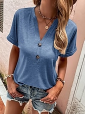 ieftine tricou simplu-Pentru femei Tricou Topuri imbracate Simplu De Bază Manșon scurt În V Topuri obișnuite Zilnic Sfârșit de săptămână Nasturi Negru Roz Îmbujorat Albastru piscină Trifoi Kaki