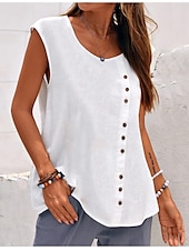 abordables Chemises-Débardeur camisole femme uni hawaïen basique sans manches col rond coton lin gilet décontracté week-end boutons noir blanc bleu vert