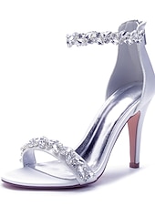 olcso Menyasszony-Luxus fehér menyasszonyi tűsarkú cipő templomi és hivatalos esküvőkre, kristályos bokapántos, nyitott orrú esküvői cipők menyasszonynak