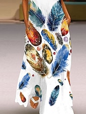 ieftine Rochie Artă și Design-Rochie maxi pentru femei Rochie casual Rochie imprimată Casual Înafară Vacanță Holiday Ajustare regulară Pene Fără mâneci Gât în V Alb Albastru Albastru închis Bej Vară Primăvară
