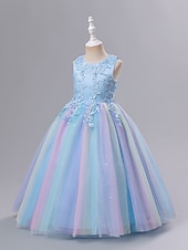 preiswerte Kleider für die Blumenmädchen-Kinder Mädchenkleid Blumen einfarbig A-Linienkleid Aufführung Hochzeit Party Rüschen Mesh Rosa Hellblau Weiß Maxi Ärmellos Niedlich Prinzessinnenkleider Sommer Herbst Normale Passform 3-12 Jahre