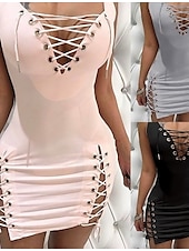 billiga Bodycon-festklänningar-Dam Mini klänning Festklänning Sheath Dress Varm Sexig Ledigt Dagligen Nattklubb Vårklänning Normal Ren färg Ärmlös V-hals Svart Rodnande Rosa Grå Sommar Vår