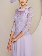 abordables Longueur du plancher-Robe Mère de la Mariée Ajustée  Colonne Invité de Mariage Fête Douce Col Scoop Longueur Thé Chiffon Dentelle Manches 3/4 Avec Plis Perles 2025 taille personnalisée gratuite