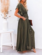 abordables Robes décontractées blanches-robe soirée Robe casual Robe Évasée Femme robe longue Couleur monochrome Mode Décontractées Extérieur du quotidien Vacances A Volants Dos Nu Manche Courte Col V Robe Ample Vert militaire Blanche Rouge