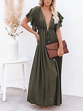 abordables Robes décontractées blanches-robe soirée Robe casual Robe Évasée Femme robe longue Couleur monochrome Mode Décontractées Extérieur du quotidien Vacances A Volants Dos Nu Manche Courte Col V Robe Ample Vert militaire Blanche Rouge