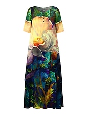お買い得  花柄のドレスを印刷する-女性用カジュアルドレス スイングドレス ロングドレス マキシドレス グリーン ブルー カーキ 長袖 アニマルポケット 春 夏 Vネック 春ドレス 週末 ルーズフィット 2023 s m l xl xxl 3xl 4xl