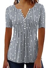 Women's T Shirt Henley Blouse Tunic Basic Casual Patchwork Buttons Print Short Sleeve Regular Tops V Neck Casual Red Blue Green Gray 10