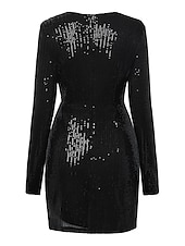 levne Bodycon Club Dresses-Dámské Mini šaty Flitrové šaty Šaty na párty Šaty pro návrat domů Sváteční šaty Módní Zralý Zimní šaty Párty Svatební host Běžný Čistá barva Dlouhý rukáv Do V Černá Zlatá Jaro Podzim Zima