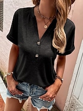 ieftine tricou simplu-Pentru femei Tricou Topuri imbracate Simplu De Bază Manșon scurt În V Topuri obișnuite Zilnic Sfârșit de săptămână Nasturi Negru Roz Îmbujorat Albastru piscină Trifoi Kaki