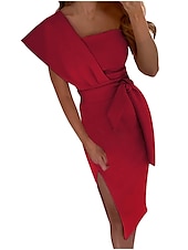 ieftine Rochii Cocktail-Rochii cocktail tip fustă ajustată rochie elegantă invitați la nuntă bal lungime la ceai fără mâneci un umăr țesătură elastică cu fanta culoare pură rochii derby cu bretele 2025