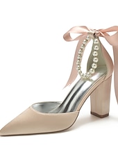 economico Damigella d&amp;#39;onore-Scarpe da sposa con tacco a blocco, cinturino alla caviglia, punta a punta, da damigella d'onore in raso avorio con fiocco e cinturino alla caviglia
