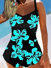 billige Swimdresses-Dame Store størrelser Badetøy Tankini 2 stk Badedrakt Badedrakt 2 deler Høst Blomstret Blomster Med stropper Ermeløs Badedrakter
