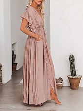 abordables Robes décontractées blanches-robe soirée Robe casual Robe Évasée Femme robe longue Couleur monochrome Mode Décontractées Extérieur du quotidien Vacances A Volants Dos Nu Manche Courte Col V Robe Ample Vert militaire Blanche Rouge