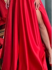 preiswerte ROT-Sheath Abendkleid Partykleid Verlobung Black Tie Gala Sweep  Pinsel Zug Halber Ärmel Off-Shoulder Satin mit Raffung Schlitz