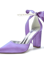economico Damigella d&amp;#39;onore-Scarpe da sposa con tacco a blocco, cinturino alla caviglia, punta a punta, da damigella d'onore in raso avorio con fiocco e cinturino alla caviglia