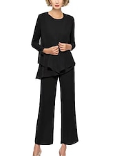 cheap Mom&#039;s Pant Suits-Jumpsuit / Pantsuit 3 Piece Mother of the Bride  Wedding Guest Elegant Vintage Scoop Neck Ankle Length Chiffon Long Sleeve Wrap  with Ruffles Solid Color free custom size